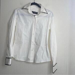 Vintage Liz Logie White Animal Printed Button Down Contrast Trim Blouse  Top